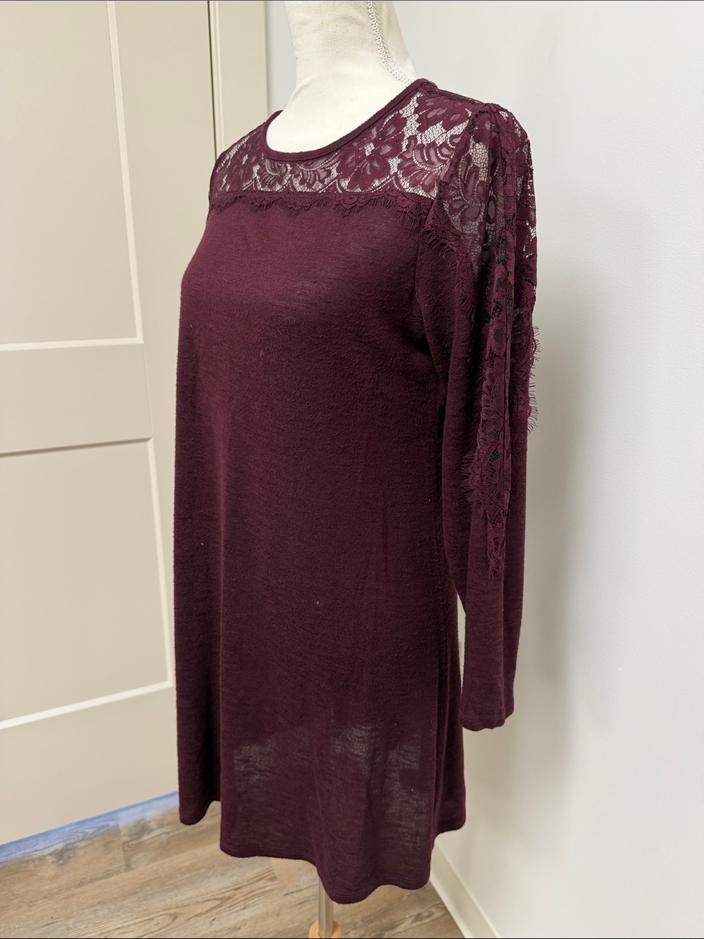 Maurices Long Sleeve Lace Yoke Dress - Burgundy
